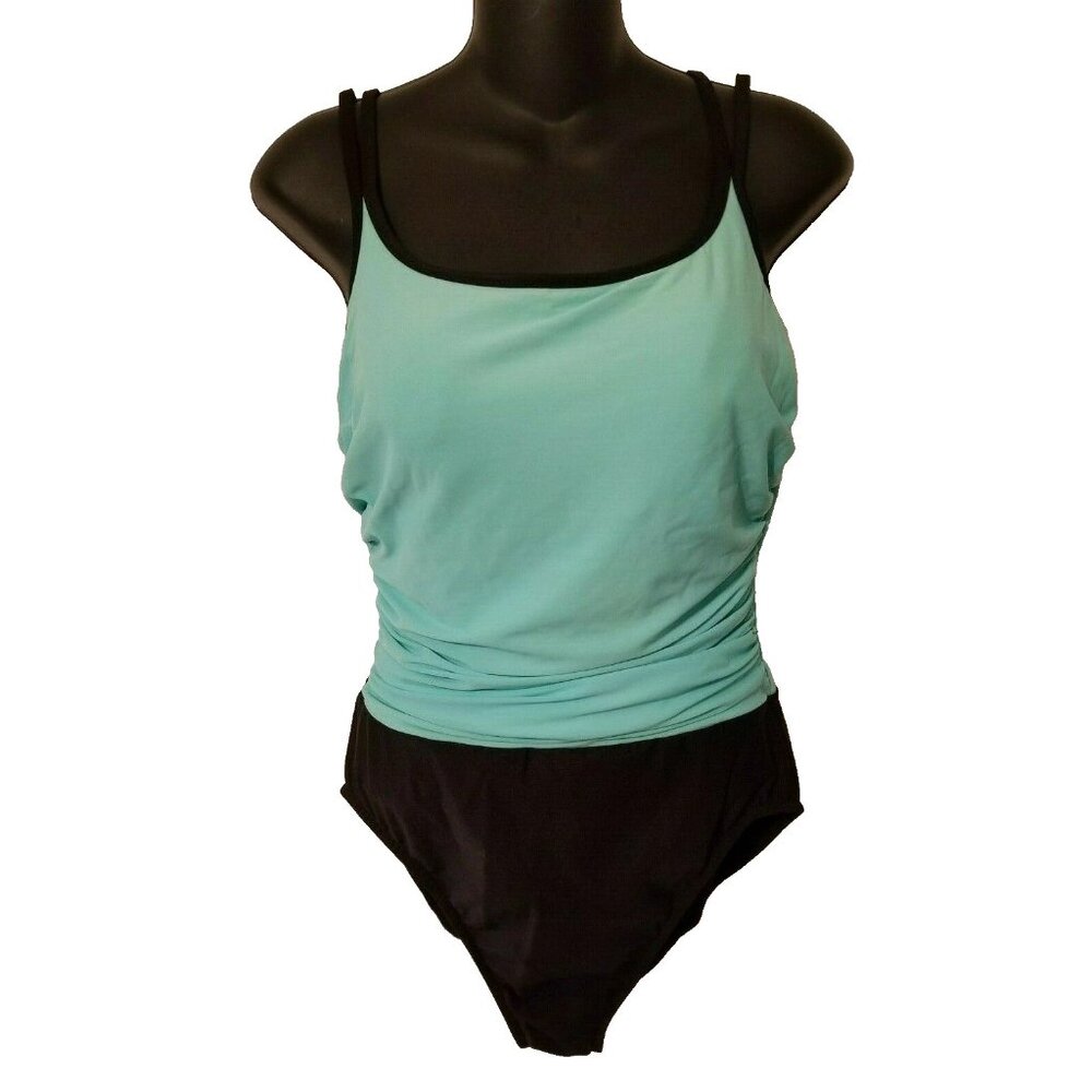 Trimshaper Blue Black‎ One Piece Colorblock Ruched Slimming 10 Bathing Swim Suit